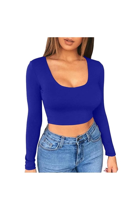 Women's Solid Color Long Sleeve T-Shirt Low Cut Cropped Fit Midriff Tight Fitted top M Blue