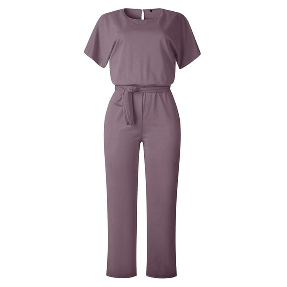 HXWCHs Women’s Solid Color Tie Waist - Short Sleeve Button Romper, Stylish Casual Purple XXXL
