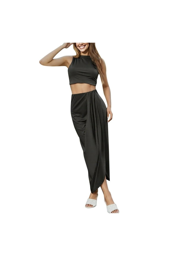 Women's Solid Color Vest top with Pleated Slit Maxi Dress Two Piece Casual Outfit Set XL Black
