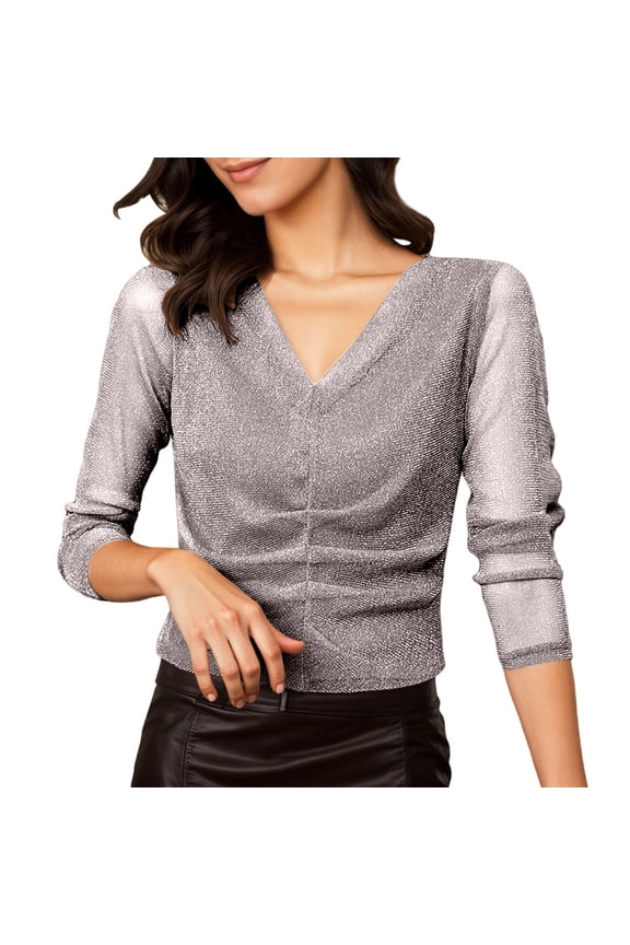 Women's Solid Performance Solid Tee Elegant Long Sleeve Blouse with Shiny Thread and Crinkle Mesh Layering top for Daily Casual Wear XXL Grey