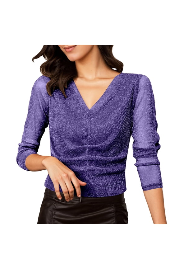 Women's Solid Rayon Solid Tee Elegant Long Sleeve Blouse with Shiny Thread and Crinkle Mesh Layering top for Daily Casual Wear XL Blue