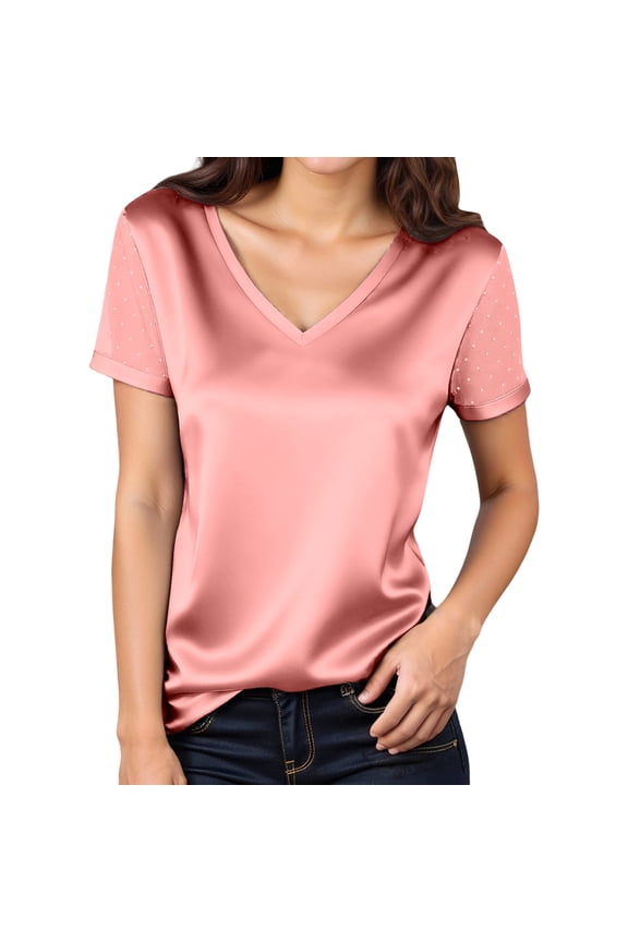 Women's Solid Teen Solid Tee Summer Fashion Casual Mesh Yoke Short Sleeve T-Shirt Daily Wear Basic top for Women XL RD2