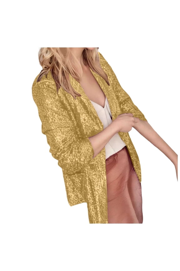 Women's Sparkling Sequin Long Sleeve Party Jacket Shiny Lapel formal Casual Outerwear Coat XXL Gold