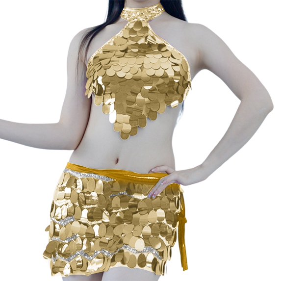 HXWCHs Women's Sparkling Sequin Two Piece Skirt Set Belly Dance Latin Performance for Carnival Party Stage Show Outfitone Size Yellow