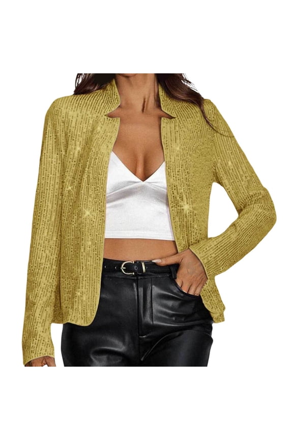 Fashion Stand Collar Sequin Jacket for Women Lightweight Sparkly Open Front Outerwear Versatile Daily Wear L Gold
