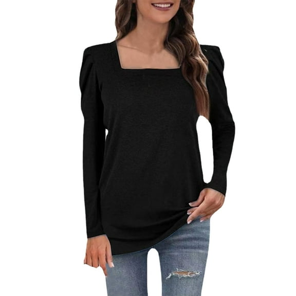 HXWCHs Women's Square Neck Long Sleeve Pullover top with Elegant Puff Sleeve Design for Casual Comfort M Black