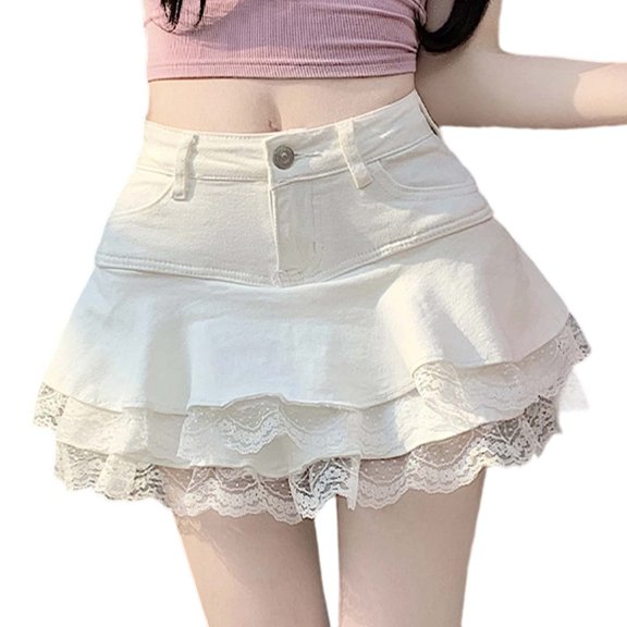 HXWCHs Women's Stretch Denim Tiered Skirt with Lace Hem Comfortable Daily Wear Versatile Home and Leisure Outfit White M