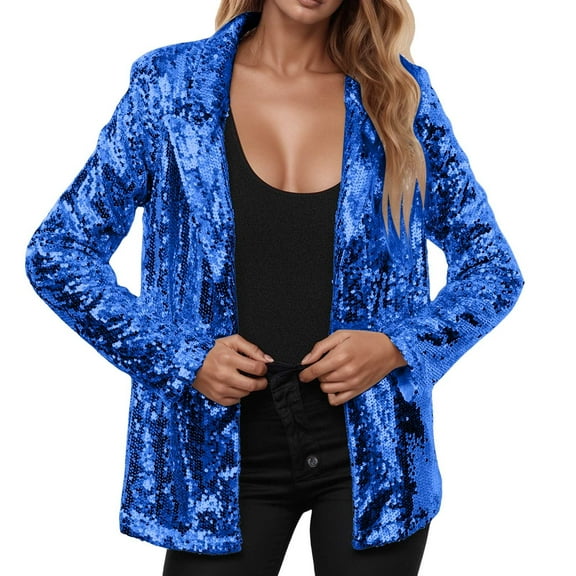 HXWCHs Women's & Suit Jackets Product Title Sequin Open Front Long Sleeve Sparkly Casual Coat with Pockets for Women XXL Blue