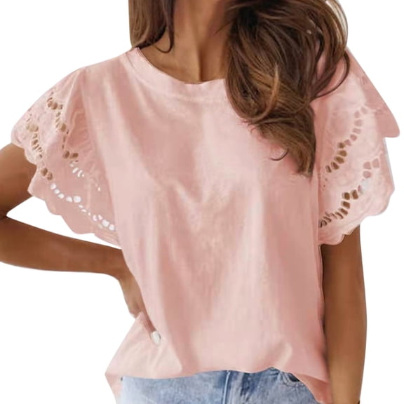 HXWCHs Women's Summer Casual Crochet Hollow Out Blouse Loose Fit Crewneck Sleeve Solid Color Tee top XL Pink