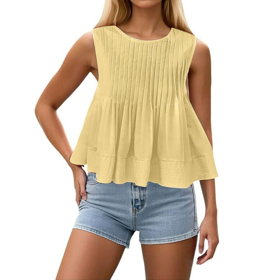 HXWCHs Women's Summer Casual Round Neck Vest top with Ruffled Hem Flowy Peplum Design for Daily Outings and Wear Yellow XL