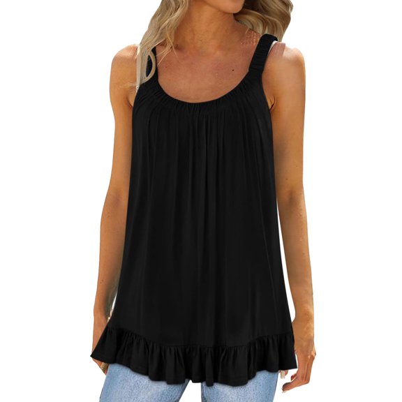 HXWCHs Women's Summer Flowy Pleated Spaghetti Strap Tank top Loose Fit Sleeveless Casual Blouse M Black
