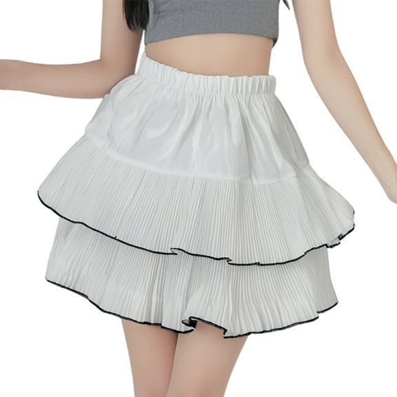 HXWCHs Women's Summer Layered Ruffle Pleated Skirt High Waist A Line Flowy Midi Fashion White XXL