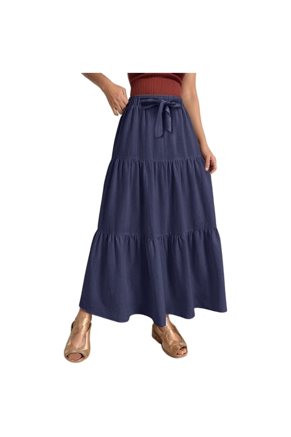 Women's Summer Linen A-Line Wrap Skirt Flowy Boho Ruffle High Waist Beach Long Drawstring Design Blue L