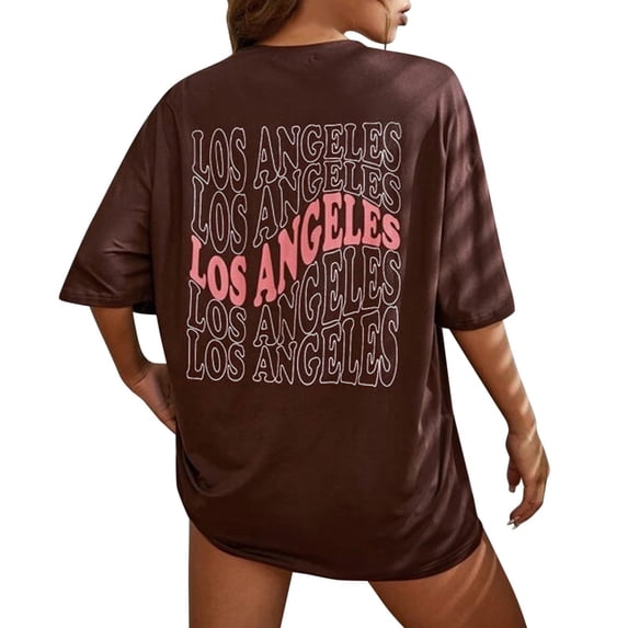 HXWCHs Women's T-Shirt Oversized Longline Tee with Novelty Letter Graphic for Everyday Comfort and Casual Style M Brown