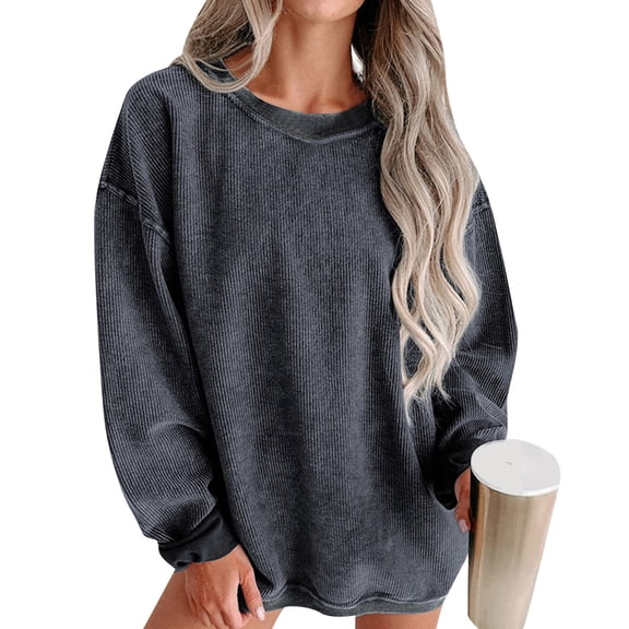 HXWCHs Women's T-Shirts T European And Casual Style Oversize Solid Color Threaded Knitted Long Sleeved Sweatshirt For Women M Grey