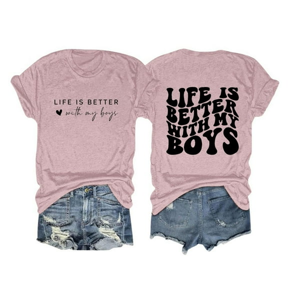 HXWCHs Women's T-Shirts T | Life Is Better With My Boys Letter Printed Boy Mama Shirts Graphic Tees Casual Short Sleeve Tops L Pink