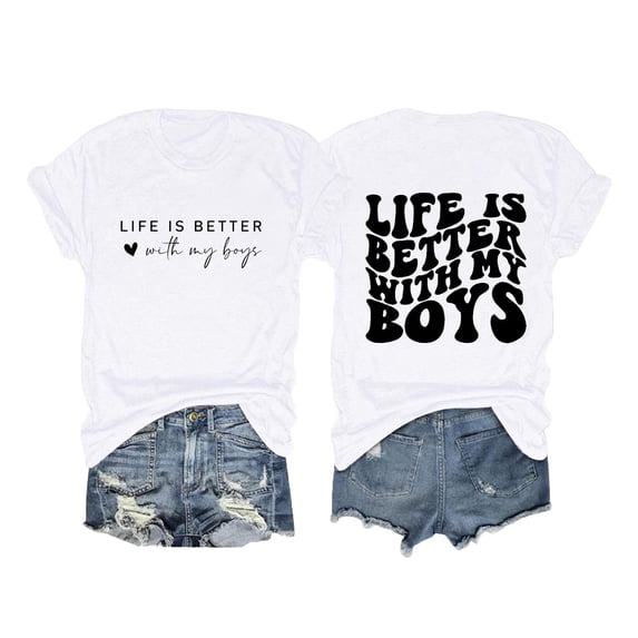 HXWCHs Women's T-Shirts T | Life Is Better With My Boys Letter Printed Boy Mama Shirts Graphic Tees Casual Short Sleeve Tops XXL White