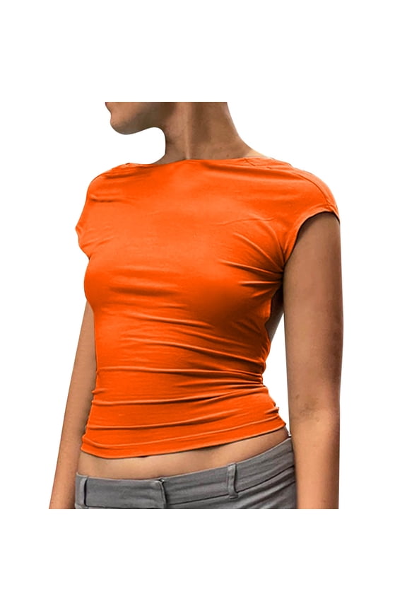 Women's T-Shirts for Women Fashion Solid Backless Crop Top Short Sleeve Casual Slim Fit Female Tee S Orange