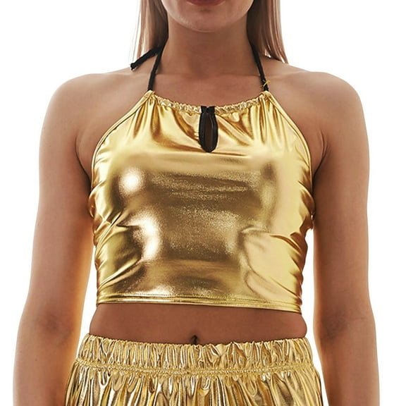 HXWCHs Women's Tanks & - Metallic Shiny Backless Sleeveless Women's top Fitted Camisole for Fashionable Outings for Nightclubs and Parties XL Gold