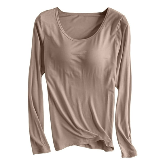 HXWCHs Women's Thermal Underwear top Thin Velvet Long Sleeve Shirt with Built-in Bra for Winter Comfort and Shape S Khaki