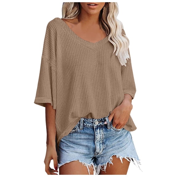 HXWCHs Women's V-Neck Batwing Sleeve Loose Knit top Casual Comfortable Soft Stretch Solid Color Tee Shirt S Khaki