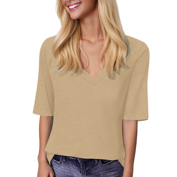 HXWCHs Women's V Neck Casual Short Sleeve Tee Soft Basic Summer top for Everyday Comfortable Wear L Khaki