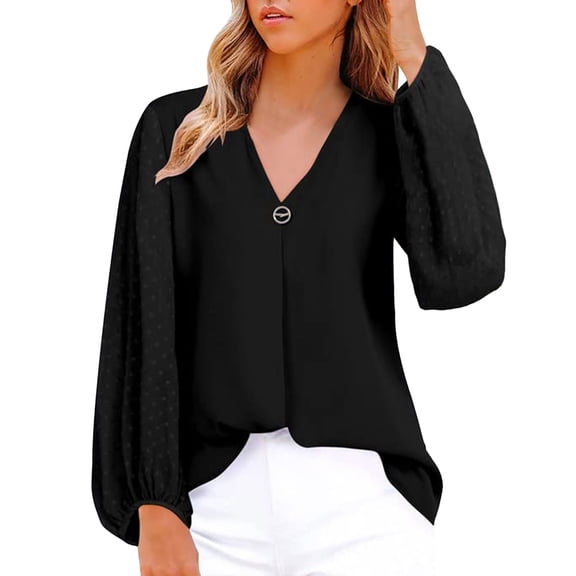 HXWCHs Women's V-Neck Chiffon Blouse Elegant Long Sleeve Solid top Casual Tunic Fall Fashion Wear XXL Black