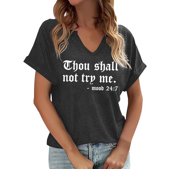 HXWCHs Women's V-Neck Letter Graphic T-Shirt For Everyday Casual Wear Comfortable Soft Stretch Basic Tee Top Ideal Layering All Year Round S Black