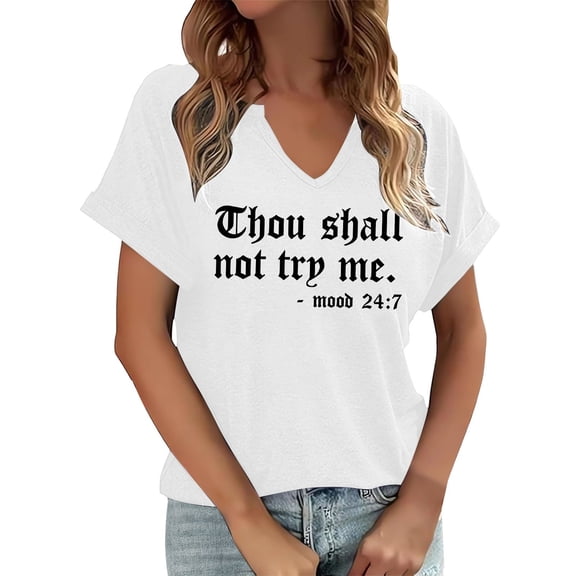 HXWCHs Women's V-Neck Letter Graphic T-Shirt For Everyday Casual Wear Comfortable Soft Stretch Basic Tee Top Ideal Layering All Year Round S White