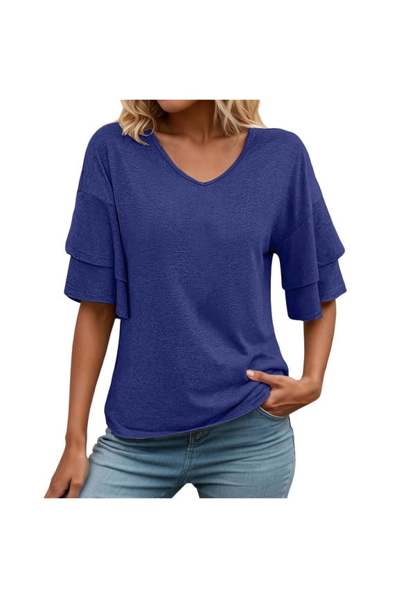 Women's V-Neck Loose Fit T-Shirt Double Layer Flounce Short Sleeve Casual top XL Blue