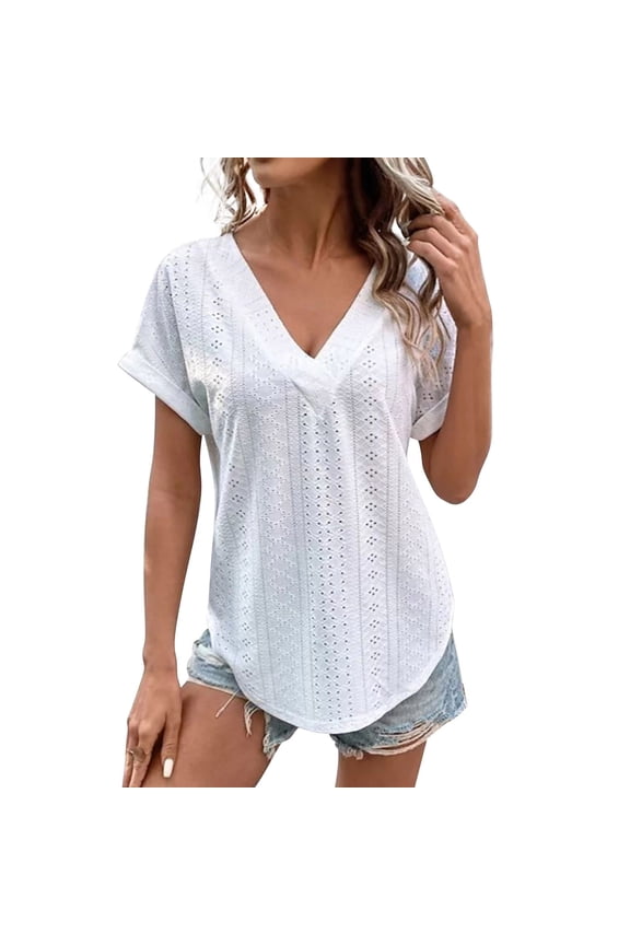 Women's V-Neck Loose Fit T-Shirt Elegant Casual Short Sleeve top for Daily Commute and Leisure L White
