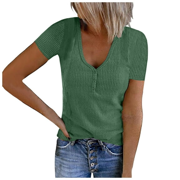 HXWCHs Women's V Neck Ribbed Knit Short Sleeve Button Down T Shirt Solid Summer Casual top M Green