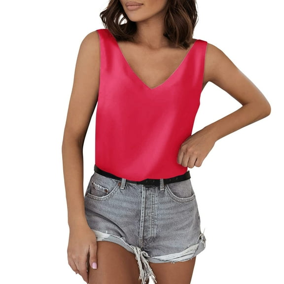 HXWCHs Women's V Neck Sleeveless Silk Satin Tank top Summer Basic Blouse Camisole Tee M Hot Pink