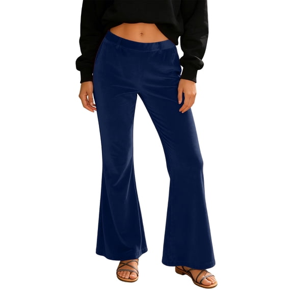 HXWCHs Women's Velvet Flared Trousers High Waist Elastic Wide Leg Casual Business Pants with Pockets XL Dark Blue