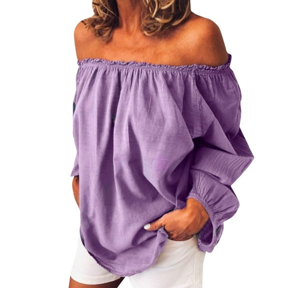 HXWCHs Women's off Shoulder Blouse Loose Casual Summer T-Shirt with Ruffle Sleeve tops XXXL Purple