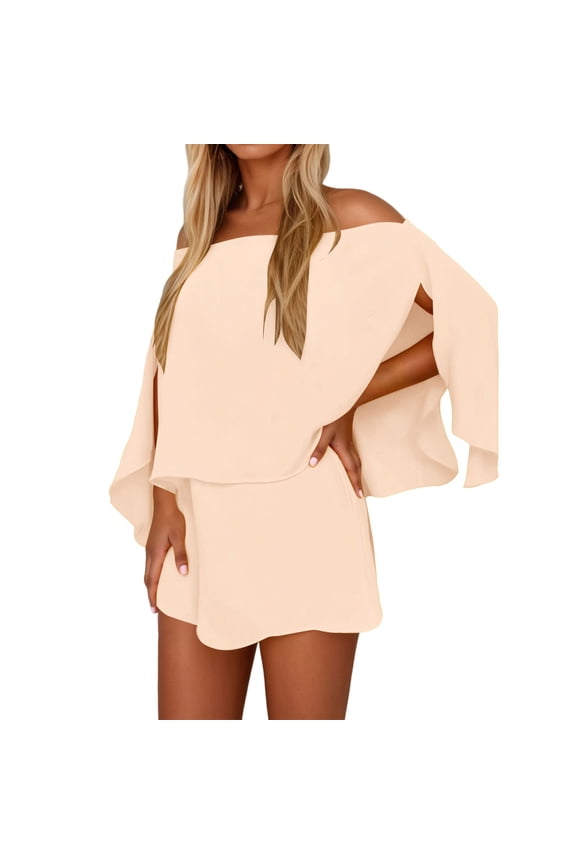 Women's off The Shoulder Summer Skirt Suit Set Elegant formal and Casual Two Piece Outfit for Evening Party M Beige