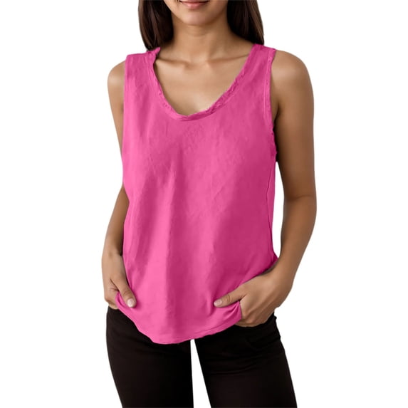 HXWCHs Womens Long Sleeve Solid T Shirt Summer Linen Tank top Sleeveless V-Neck Ruffled Solid Color Edge Camisole Casual Blouse S Hot Pink