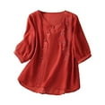 thumbnail image 1 of HXWCHs Womens Relaxed Fit Solid T Shirt Summer Linen Shirt Loose Fit Embroidered top with Decorative toggle Button Closure Casual Plus Size Blouse L Red, 1 of 3