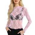 thumbnail image 1 of HXWCHs Womens Slim Fit Solid T Shirt Fashion Mesh Long Sleeve Neck Sheer Blouse Floral Lace See Through tops Elegant Casual T-Shirt XXL Pink, 1 of 5