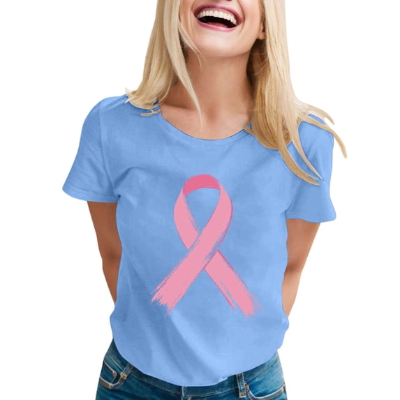 HXWCHs Womens Solid Tee Women's V Neck Soft Basic Tee for Everyday Wear with Cancer Awareness Ribbon Print Casual Comfortable Short Sleeve top XL Blue