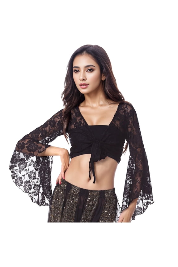 Wraps Lace tops for Women - Floral Long Sleeve Wrap Carnival top for Belly Dance Performances and Stage One Size Black