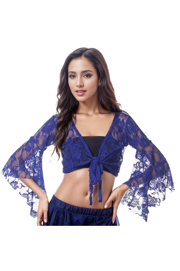 Wraps 2 Lace tops for Women - Floral Long Sleeve Wrap Carnival top for Belly Dance Performances and Stage One Size Blue