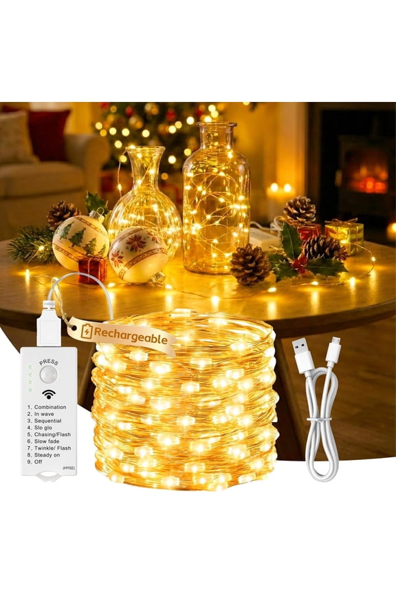 Rechargeable Fairy Lights with DIY Timer & 8 Modes, 16FT 50LED String Lights Battery Operated Indoor, Twinkle mini Lights for Bedroom Christmas Wedding Centerpiece Decor (Warm White)