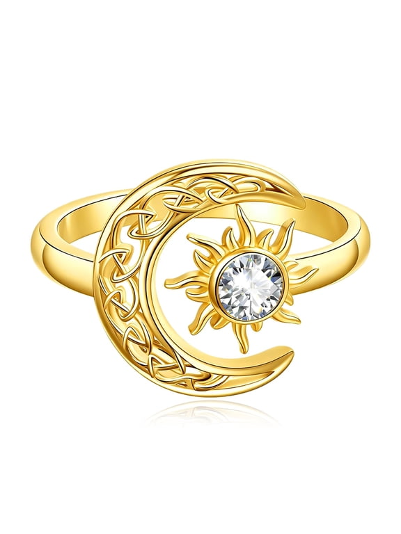 Birthstone Sun Moon Ring for Women, Celestial Jewelry