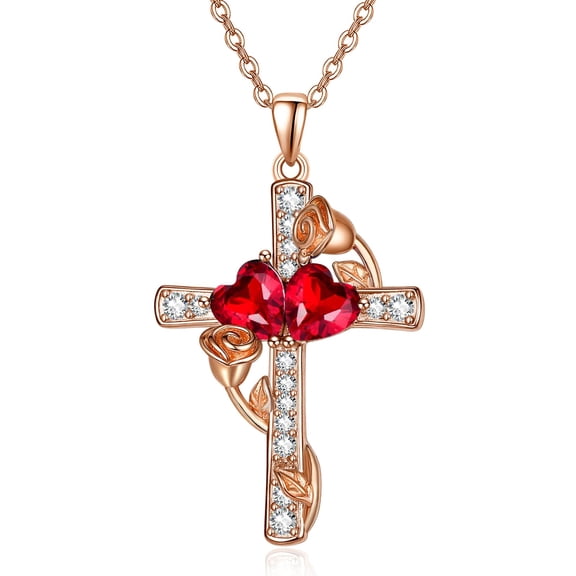 HXWZB 18K Rose Gold Plated Double Birthstone Cross Necklace for Women, Rose Flower Heart Pendant