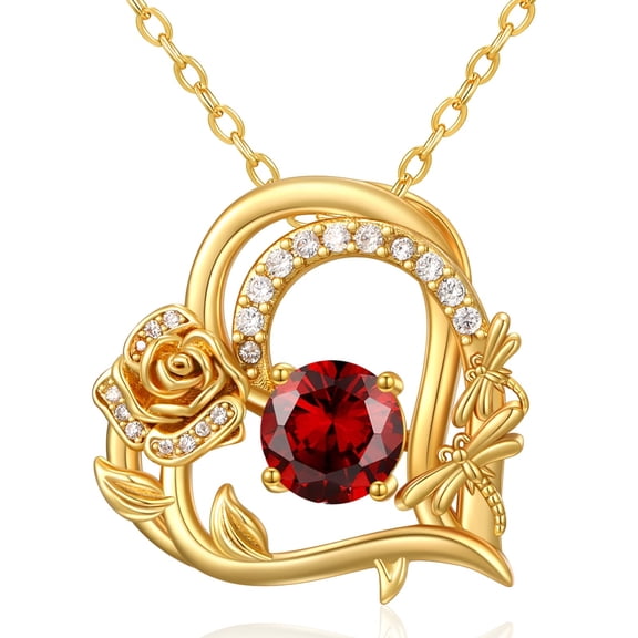 HXWZB 14K Gold Plated Heart Birthstone Necklace for Women, Rose Pendant