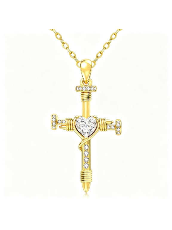 Nail Cross Necklace with Heart Cubic Zirconia