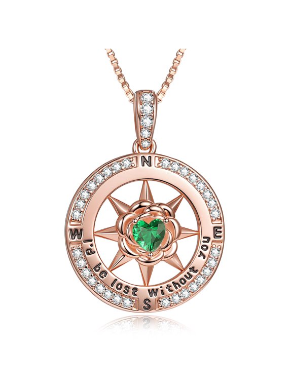 Compass Birthstone Necklace for Women, Heart Direction Pendant