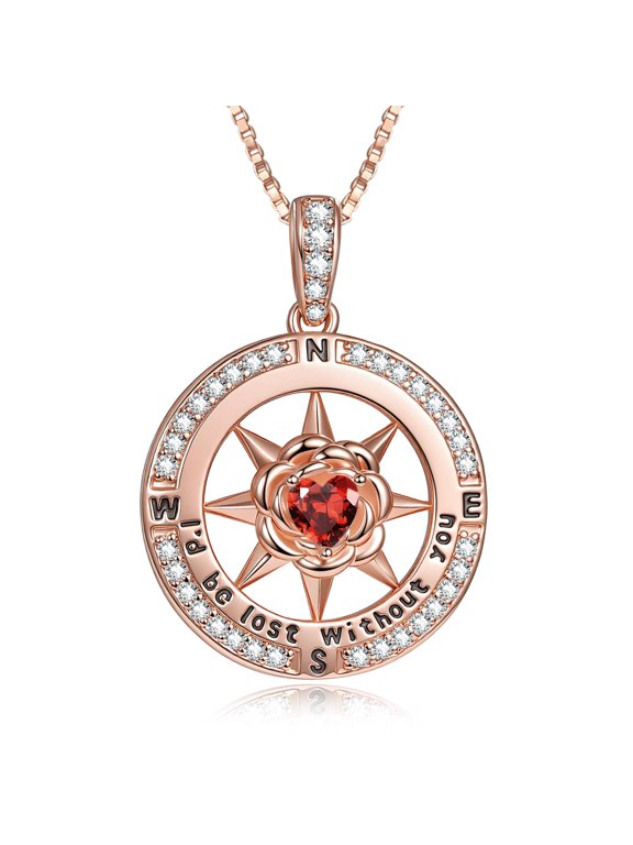 Compass Birthstone Necklace for Women, Heart Direction Pendant
