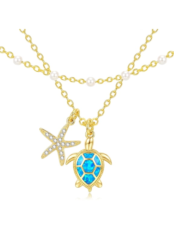 Sea Turtle Starfish Necklace for Women, Ocean Pendant Jewelry